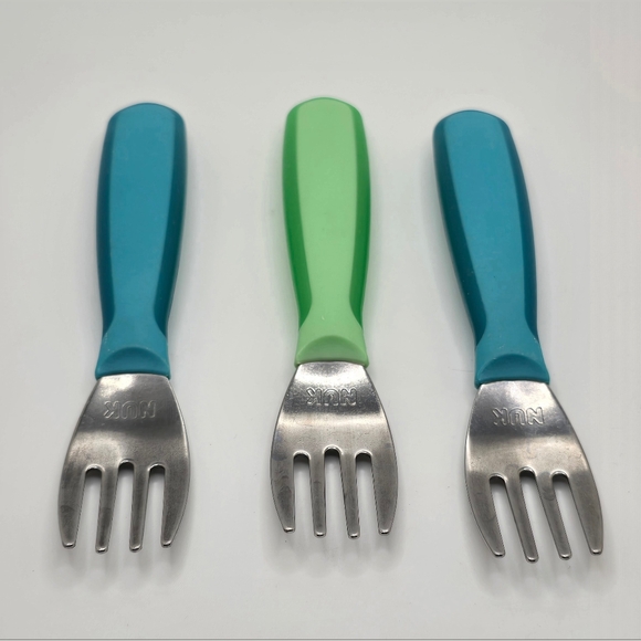 NUK Kiddy Cutlery Forks, Durable Stainless 3 Count Blue + Green GUC - Picture 2 of 3